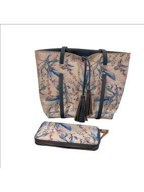 Floral Blue,Pink and Cream Tote Bag &Tassels with Wallet Or Clutch.